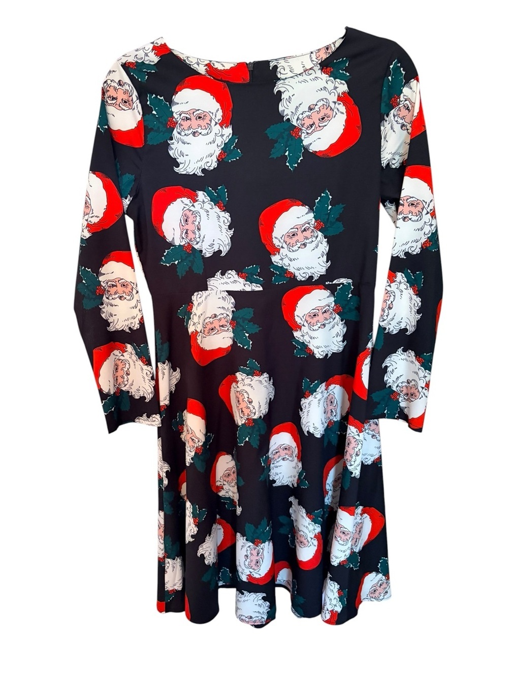 Black Santa Print Long Sleeve Swing Dress